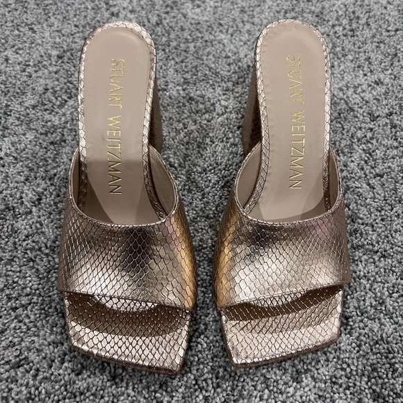STUART WEITZMAN Tia 85 lizard-effect leather sandals Rose Gold Block Heel US 6.5 - Picture 1 of 10